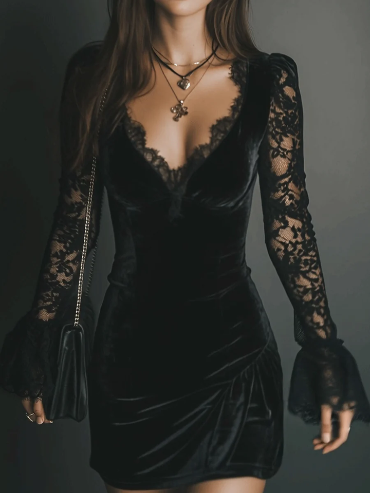 Margaret™ | Robe mini en velours et dentelle – Élégance