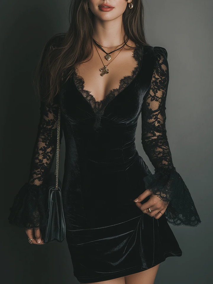Margaret™ | Robe mini en velours et dentelle – Élégance