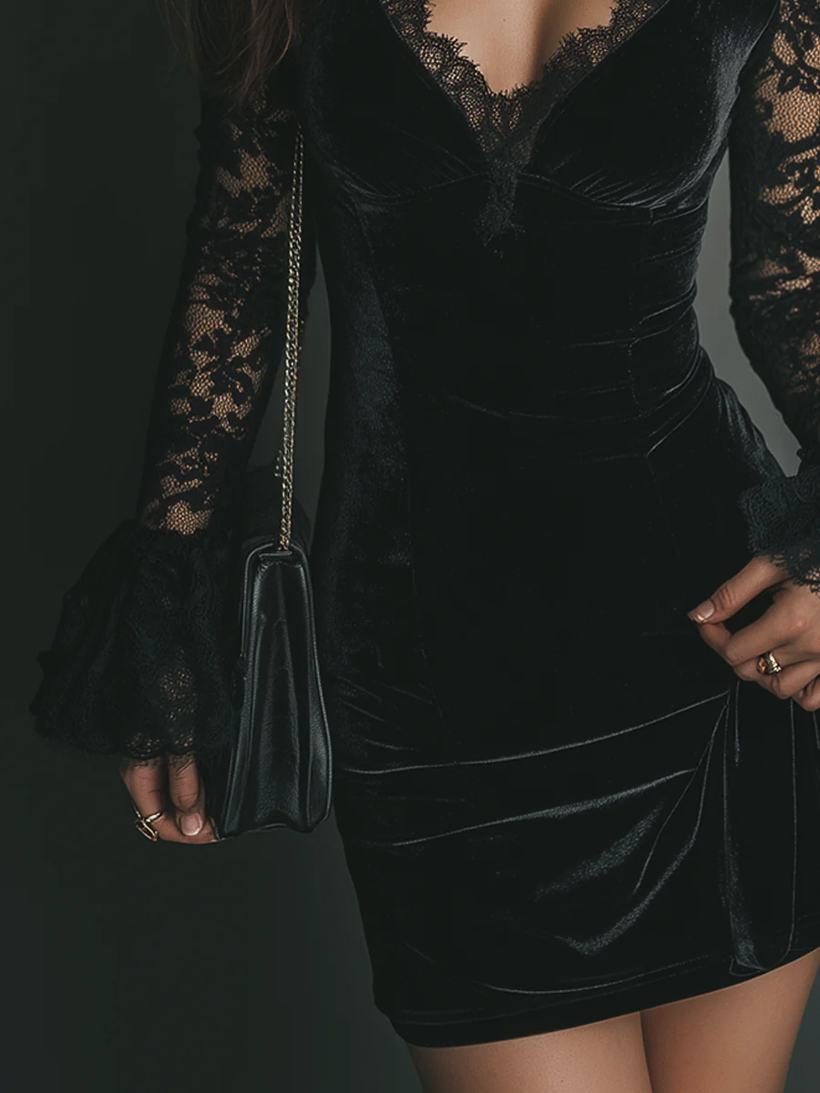 Margaret™ | Robe mini en velours et dentelle – Élégance